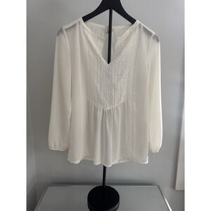 Adiva Ivory Sheer Boho Blouse Lace Panel Long Sleeve Flowy Top‎ Sz S